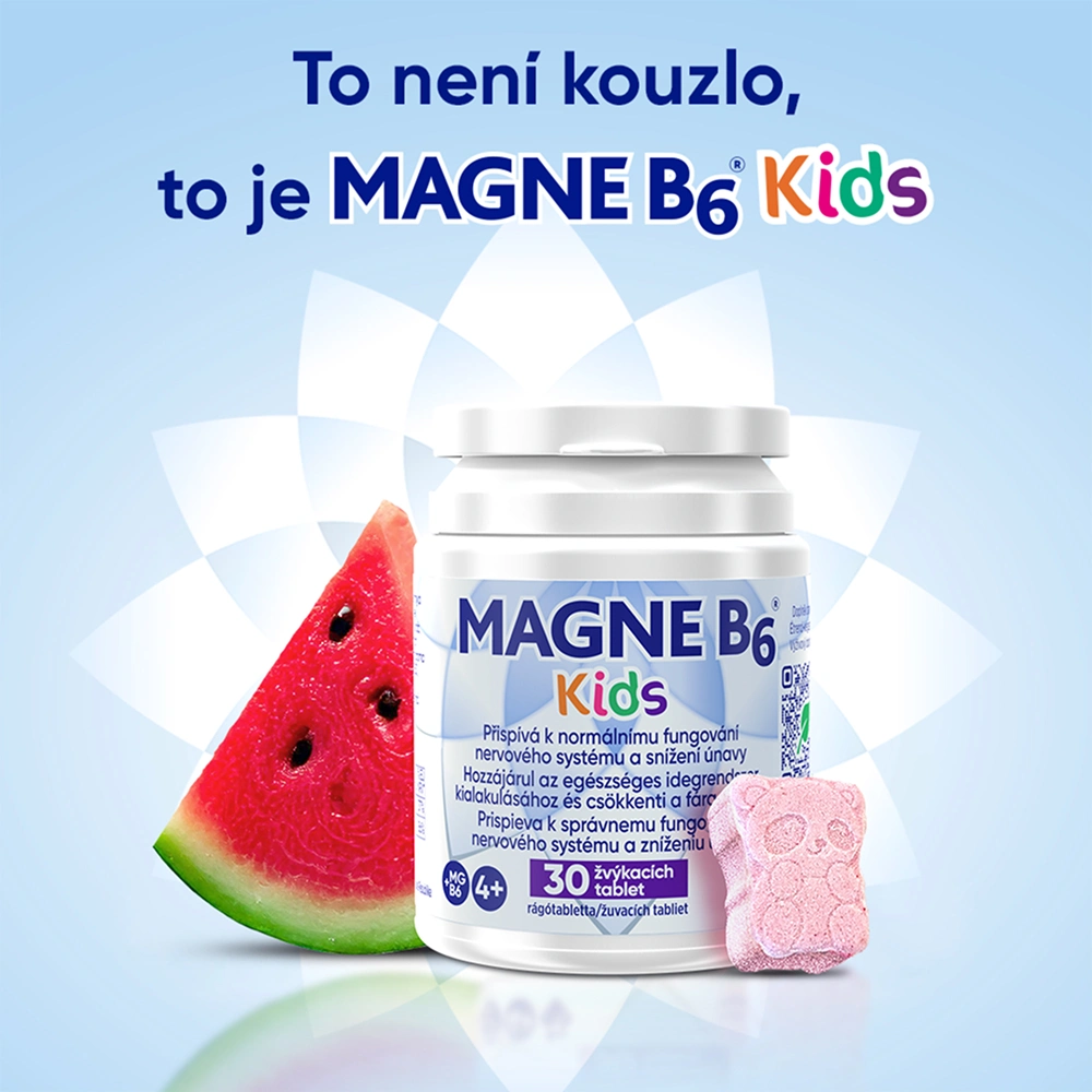Magne B6 Kids 30 žvýkacích tablet s příchutí melounu na podporu nervového systému. Chutné žvýkací tablety ve tvaru pandy s přírodní příchutí melounu.