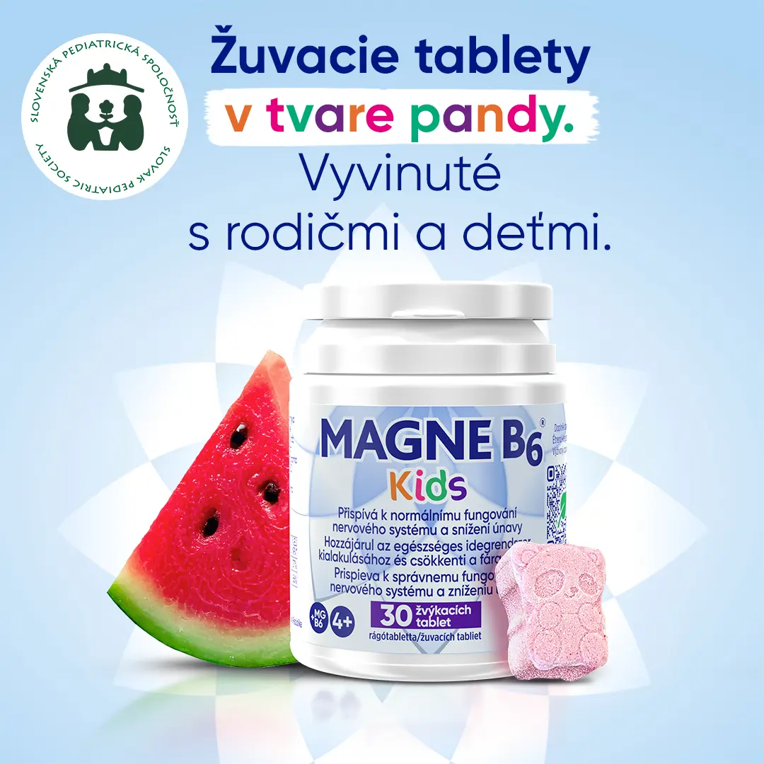 Magne B6 Kids 30 žuvacích tabliet s melónovou príchuťou na podporu nervového systému. Chutné žuvacie tablety v tvare pandy s prírodnou príchuťou melóna. V spolupráci so Slovenskou pediatrickou spoločnosťou