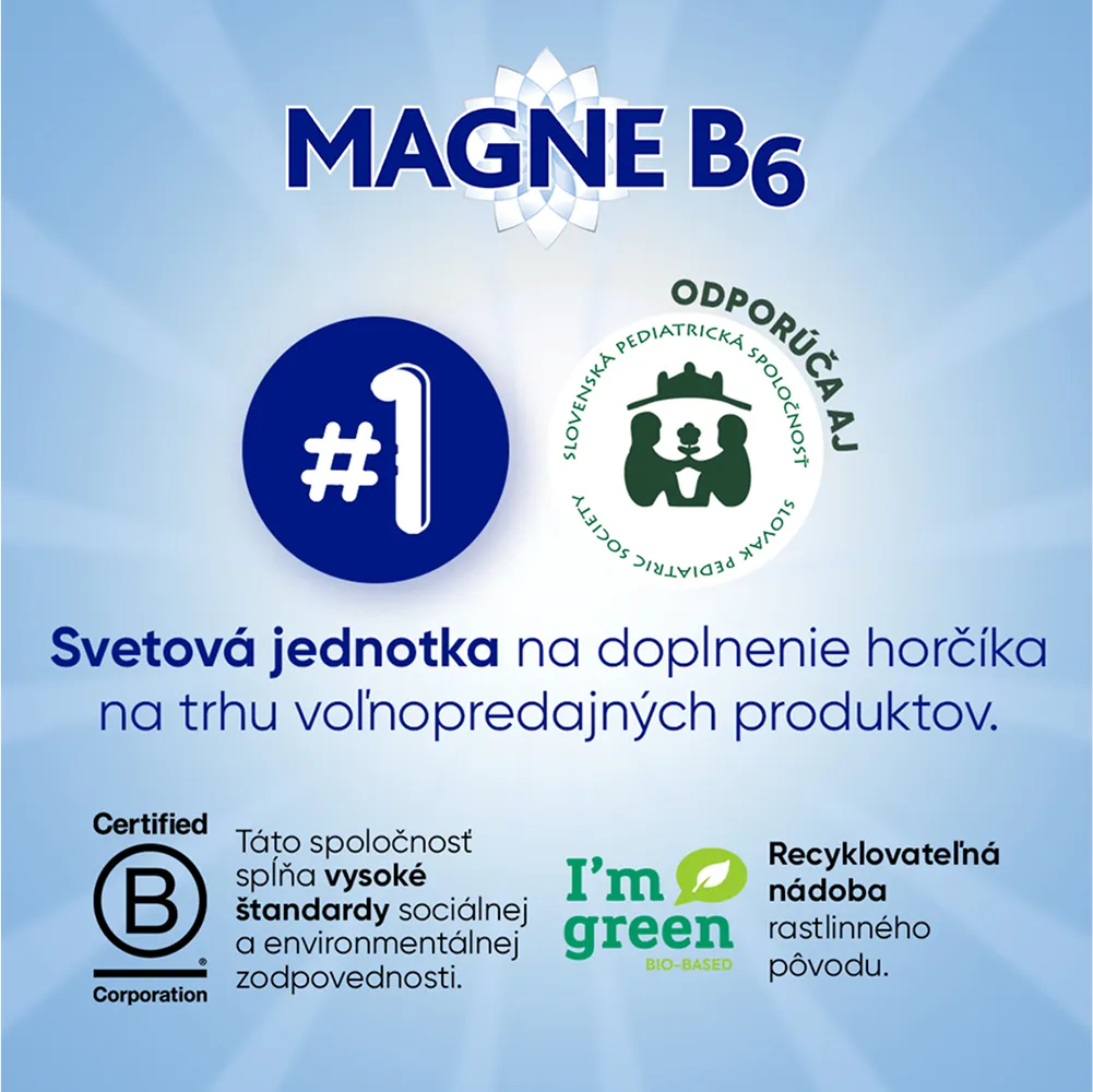 Magne B6 Kids Recyklovateľná nádobka vyrobená z rastlinných materiálov. Magne B6 je značka číslo 1 v kategórii horčíka. Certifikát B Corp. V spolupráci so Slovenskou pediatrickou spoločnosťou